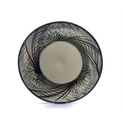 John Dunn (b1944): large circular iridescent glazed bowl with painted foliate border, D48cm 