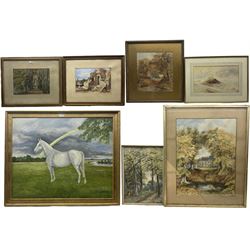 English School 19th century: Folio of seventeen Victorian watercolours mainly comprising of landscapes; six framed watercolour scenes by different hands; Donald Seagars (British 20th Century): The White Horse, oil on canvas signed and dated 1968, max 63cm x 78cm (approx 28)