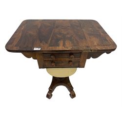 William IV rosewood sewing or work table, rectangular crossbanded drop-leaf top, fitted with two mahogany lined frieze drawers over sliding storage well, raised on curved support with octagonal pedestal, decorated with moulded collar and beading, terminating in quadriform base with scrolled feet and castors