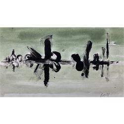 Druie Bowett (British 1924-1998): Abstract Mirrored Composition in Green and Black, watercolour and ink signed 14cm x 24cm