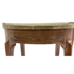 Victorian french style walnut table, the oval marble top over one frieze drawer and under-tier, raised on square tapering supports 