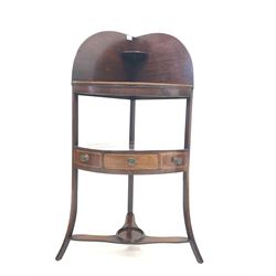 19th century mahogany corner washstand with open shelf on raised back, wash bowl recess, singe drawer, raised on splayed supports H110cm