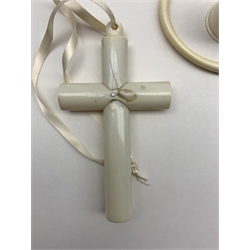 19th century Continental cylindrical carved ivory cross pendant H14cm,19th century ivory bangle and a modern Scrimshaw style cylindrical bone box with carved Anchor cover (3)