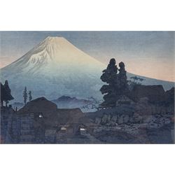 Takahashi Shotei (Japanese 1871-1944): Fuji from Mizukubo - Evening, colour woodblock print signed with artist stamp 23cm x 36cm