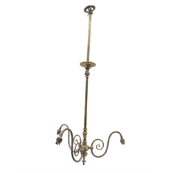 19th century three-branch brass light fitting with S scroll arms, H104cm 