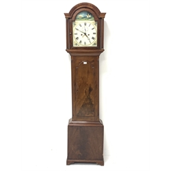 19th century figured mahogany longcase clock, stepped arch hood with fluted columns, enamel dial painted with hunting scene and flowers, subsidiary seconds dial and date aperture, eight day movement striking on bell, with two weights and pendulum, H205cm