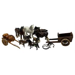 Quantity of Beswick and other horses to include Shire Mare no.818 in grey, no.818 in brown, pair of cart horses with carts, pair of Shetland pony's no.1648, donkey 1364B and another model of a Shetland (8)