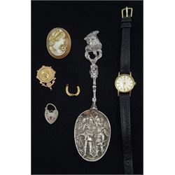 Omega 9ct gold ladies manual wind wristwatch, on leather strap, gold cameo brooch, fob and horseshoe charm, all 9ct hallmarked or stamped and a Dutch Rembrandt spoon