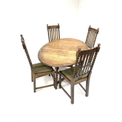 Early 20th century oak gate leg dining table, with oval top raised on spiral turned supports (105cm x 152cm, H73cm) together with a set of six oak dining chairs in a similar style, (W45cm)