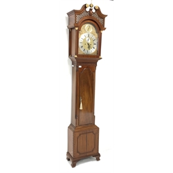 Early 19th century and later long case clock, the 20th century Chippendale style case with brass ball finial and swan neck pediment over pierced fret work and arched hood doors, leaf capped and fluted pilasters enclosing full length trunk door, raised on ogee bracket supports, brass dial signed 'Paul Lacey, Bristol, with Roman and Arabic chapter ring, subsidiary seconds ring, date aperture and with silent strike function, eight day five pillar movement striking the hours hammer on bell

