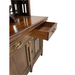 Early 20th century rosewood mirror back sideboard, one central bevelled edge mirror flanked by two shelves with floral decoration over base, fitted with one long and two short drawers and four cupboards with neo-classical decoration, raised on turned supports 