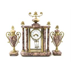 French marble clock garniture stamped 'Lardot et Boyon, Paris,' comprising a mantle clock with architectural brioche Violette, brass and glass case with gilt metal mounts, the white enamel dial with Arabic chapter ring painted with swags, eight day twin spring driven movement with mercury pendulum, and two urns 