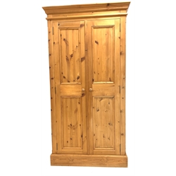 Pine double wardrobe/cupboard, two panelled doors enclosing interior fitted for hanging, W101cm, H192cm, D62cm