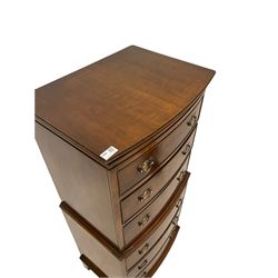 Georgian style figured walnut bow front chest on chest, three cock beaded graduated drawers over three further drawers to base, raised on bracket supports W57cm, H132cm, D42cm