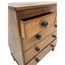 George III oak straight-front chest, rectangular top with reeded edge, mahogany crossbanded front with ebony and satinwood stringing, fitted with two short and three long cockbeaded drawers with ebonised handles and bone escutcheons