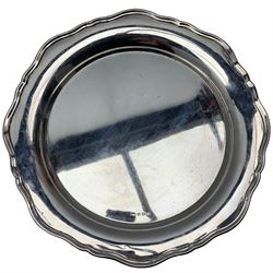 Silver salver with raised border fitted with glass hors d'oeuvres dishes D36cm Sheffield 1936 Maker Viner's Ltd