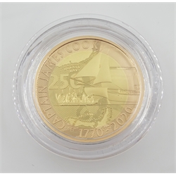 Captain Cook gold proof three coin series, comprising 2018, 2019 and 2020 dated gold proof two pound coins, all three housed together in a Royal Mint presentation box, the individual boxes and certificates are also present