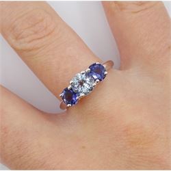 9ct white gold two colour blue stone trilogy ring, hallmarked 