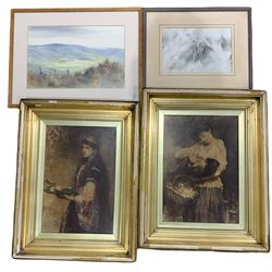 Audrey Maskell (British 20th century): 'Yorkshire Moorland' and 'The Rock', two watercolours signed, labelled verso; After Sir John Everett Millais (British 1829-1896): 'The Captive', sepia print embellished with paint together with another similar housed in matching frames 34cm x 24cm (4)