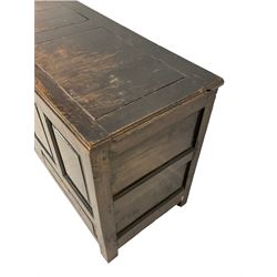 George III oak mule chest, panelled rectangular hinged lid with moulded edge, quadruple fielded panel front fitted with two drawers, on stile supports
