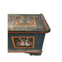 19th century Swedish painted pine chest or coffer, rectangular hinged top and front painted with three folk art floral panels of tulips, daisies and wild flowers, with wrought iron fittings and a lozenge shaped escutcheon, on bracket feet