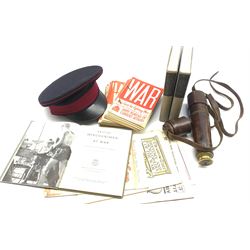 WWI brass three draw military telescope by Negretti & Zambra No.9618 in leather case,  RAMC military cap, various WWII copies of 'War' magazine etc