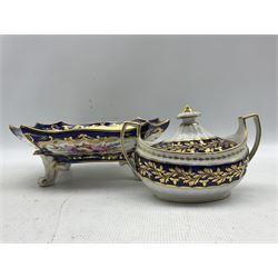 Group of 18th and 19th century cobalt blue ground porcelain to include a rectangular shaped bowl, hand painted with birds and floral sprays, upon four scroll feet, L26.5cm, a similar sucrier with replacement cover, Chamberlains Worcester sucrier no. 385, shaped dish and plate (5)