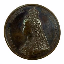 Official bronze medal commemorating the Golden Jubilee of Queen Victoria in 1887, designed by the medallist Joseph Edgar Boehm and produced by The Royal Mint, the obverse with bust facing left reading 'Victoria Regina Et Imperatrix', the reverse with seated Monarch surrounded by subjects and winged figures above, diameter approximately 77mm, weight approximately 203.1 grams 