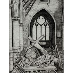 Frederick George Austin (British 1902-1990): Ruined Church Interior with Crucifix and Knight Tombstone, drypoint etching signed in pencil, dated 1943 in the plate 16cm x 13cm (unframed)
Provenance: direct from the granddaughter of the artist