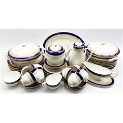 Royal Worcester Regency pattern tea and dinner service for eight covers comprising eight dinner plates, eight dessert plates, eight soup bowls, pair of vegetable dishes and covers, sauce boat and stand, eight tea cups and saucers, eight tea plates, tea pot, coffee pot, milk jug, sugar bowl, bread and butter plate and an oval meat plate (58)
