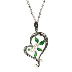 Silver pearl, marcasite and enamel flower design pendant necklace, stamped 925
