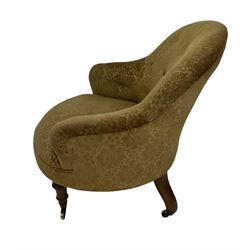 Victorian tub chair, upholstered in green fabric, raised on turned feet, terminating in brass castors - the back right leg bearing a stamp saying 6325