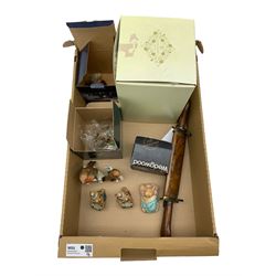 Border Fine Arts 'Robin with Nest' by Ray Ayres, another 'Robin on Pebble', both boxed, two Hummel birds, three Pendelfin rabbits small Wedgwood vase, Coalport figure 'Ruby Anniversary' boxed and an Indian combination carving knife and fork in wooden case