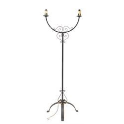 Wrought iron two branch electrolier with scrolled decoration 