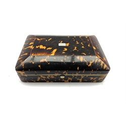 19th Century tortoiseshell and ivory box of sarcophagus design with plush lined interior 15cm x 10cm