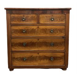 Victorian mahogany chest, fitted with two short and three long drawers, raised on compressed bun supports W107cm