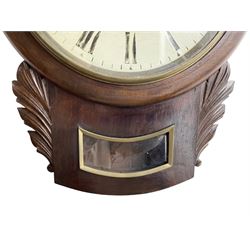 American - drop dial wall clock c1910, with a mahogany dial surround and case, box with carved ears and pendulum viewing window, painted dial with Roman numerals and steel fleur-de-lis hands, twin train spring driven movement striking the hours on a coiled gong. No pendulum.