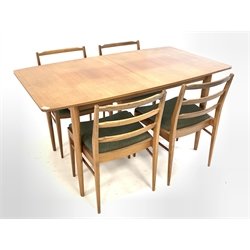 McIntosh & Co Ltd - Mid century teak extending dining table, top splitting to reveal concealed leaf, raised on tapering supports (194cm x 82cm, H74cm) together with a set of four teak dining chairs 