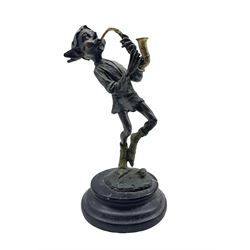 Contemporary cold painted bronze model of an elf playing the saxophone, signed Juno H24.5cm 