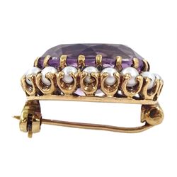 9ct gold oval cut amethyst and pearl brooch, hallmarked