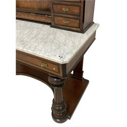 Late Victorian Aesthetic Movement walnut and ebonised dressing table, raised mirror back supported by foliate carved and pierced horns, three banks of small drawers and central hinged compartment, canted and chamfered white marble top over two drawers, turned and fluted supports on shaped platform 