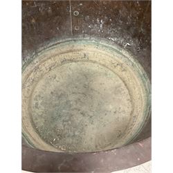 19th century riveted copper cauldron of cylindrical form with Verdigris finish D56cm