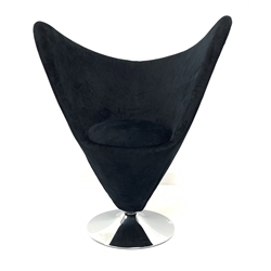 Contemporary decorative conical shaped chair, upholstered in black velvet, raised on circular chrome swivel base, W87cm