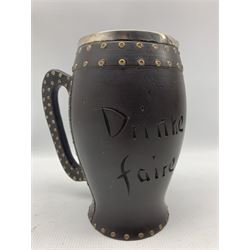 Late Victorian Doulton Lambeth replica Black Jack pitcher, with silver rim, simulated riveting and motto 'Drinke Faire Don't Sware', hallmarked Cornelius Desormeaux Saunders & James Francis Hollings (Frank) Shepherd, Birmingham 1894 H21cm 