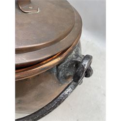 18th century oval copper cooking pot with wrought iron handle, seamed body and associated cover, L43cm