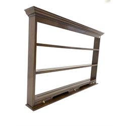Oak three height plate rack, fitted with three spice drawers W155cm, H100cm, D17cm