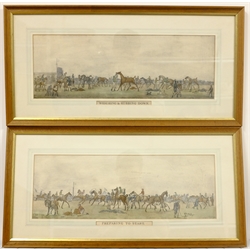 After Henry Thomas Alken (British 1785-1851): 'Preparing to Start' and 'Weighing and Rubbing Down', pair 19th century coloured etchings 19cm x 54cm (2)