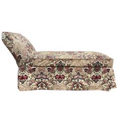 Victorian upholstered chaise ottoman, hinged box seat, raised on castors L138cm