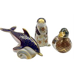 Three Royal Crown Derby paperweights comprising a Mallard, Platypus and Blue Dolphin (3)