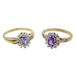 Gold tanzanite and diamond cluster ring and a gold amethyst and cubic zirconia cluster ring, both hallmarked 9ct